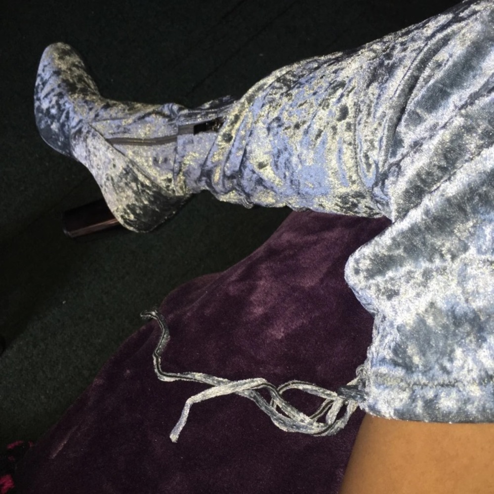 Blue Grey Velvet Thigh High Boots
